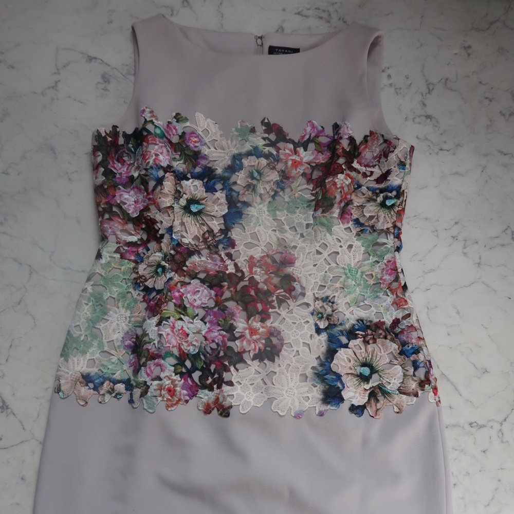 Tahari ASL nude dress with floral appliqués